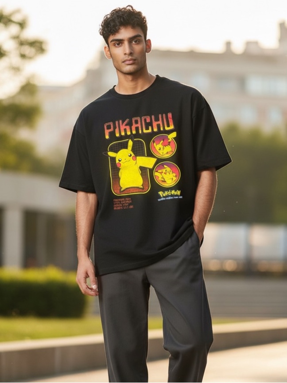 Nintendo Pikachu Graphic Tee - Black with Yellow & Red Print